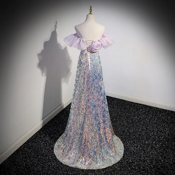 Sexy Sparkly Lavender Laser Sequins Evening Dresses 2023 A-Line / Princess Off-The-Shoulder Sleeveless Backless Floor-Length / Long Evening Party Formal Dresses
