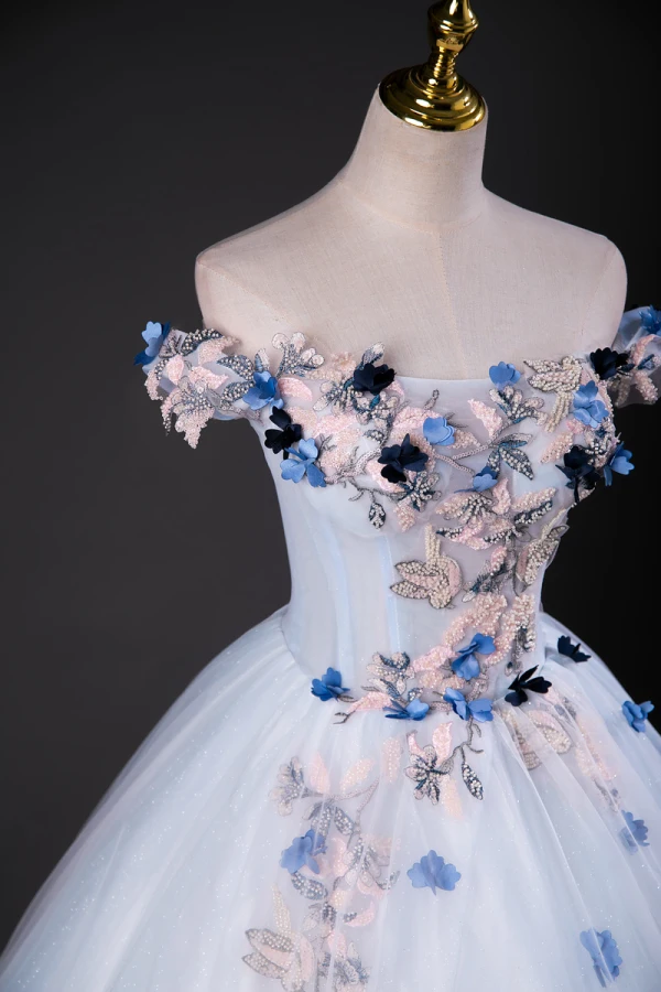 Chic / Beautiful Sky Blue Beading Sequins Appliques Prom Dresses 2023 Ball Gown Off-The-Shoulder Sleeveless Backless Floor-Length / Long Formal Dresses