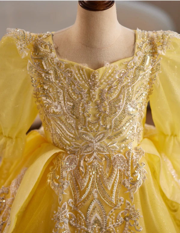 Vintage / Retro Yellow Beading Pearl Sequins Flower Girl Dresses 2024 Ball Gown Square Neckline Birthday 1/2 Sleeves Backless Floor-Length / Long