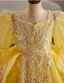 Vintage / Retro Yellow Beading Pearl Sequins Flower Girl Dresses 2024 Ball Gown Square Neckline Birthday 1/2 Sleeves Backless Floor-Length / Long