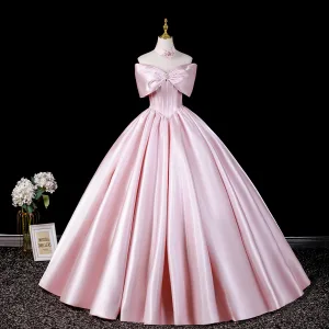 Chic Beautiful Blushing Pink Prom Dresses 2026 Ball Gown Strapless Bow Sleeveless Backless Floor Length Long Formal Dresses