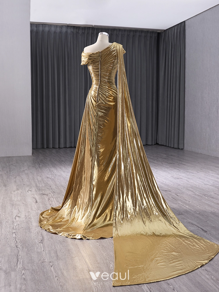 Fashion Gold Split Front Prom Dresses 2024 Trumpet / Mermaid One-Shoulder  Short Sleeve Backless Floor-Length / Long Prom Formal Dresses