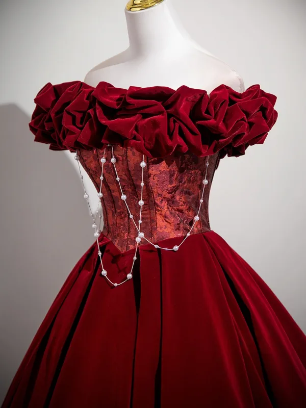 Vintage / Retro Burgundy Velvet Prom Dresses 2025 Ball Gown Ruffle Off-The-Shoulder Short Sleeve Backless Floor-Length / Long Prom Formal Dresses