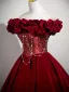 Vintage / Retro Burgundy Prom Dresses 2025 Ball Gown Ruffle Off-The-Shoulder Short Sleeve Backless Floor-Length / Long Prom Formal Dresses