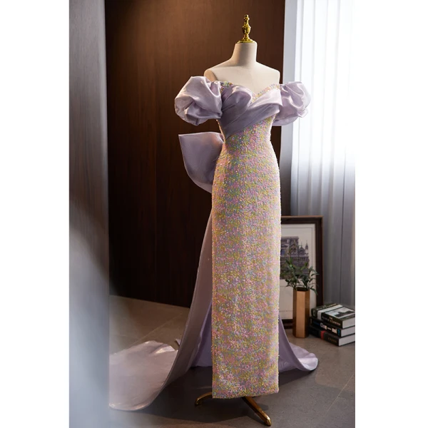 Mode Lavande Paillettes Robe De Soirée 2023 Trompette / Sirène De l'épaule Manches Courtes Dos Nu Noeud Train De Balayage Promo Robe De Ceremonie