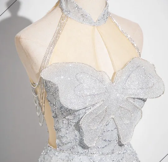 Mode Gris Perlage Paillettes Robe De Bal 2024 Princesse Col Haut Papillon Sans Manches Dos Nu Longue Promo Robe De Ceremonie