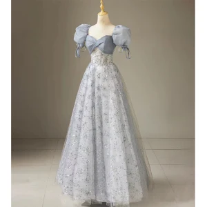 Chic Beautiful Silver Grey Sequins Prom Dresses 2023 A Line Princess Square Neckline Puffy Short Sleeve Backless Bow Floor Length Long Prom Formal Dresses