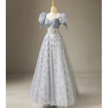 Chic Beautiful Silver Grey Sequins Prom Dresses 2023 A Line Princess Square Neckline Puffy Short Sleeve Backless Bow Floor Length Long Prom Formal Dresses