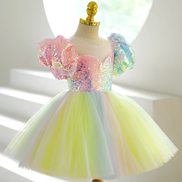 Colored Multi-Colors Sequins Short Party Dresses Flower Girl Dresses 2022 Ball Gown Scoop Neck Puffy Short Sleeve Flower Girl Dresses