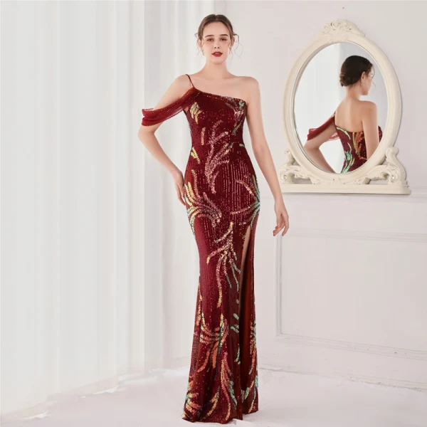 Sexy Blanche Paillettes Fendue devant Robe De Soirée 2022 Trompette / Sirène Une épaule Sans Manches Dos Nu Longue Soirée Robe De Ceremonie