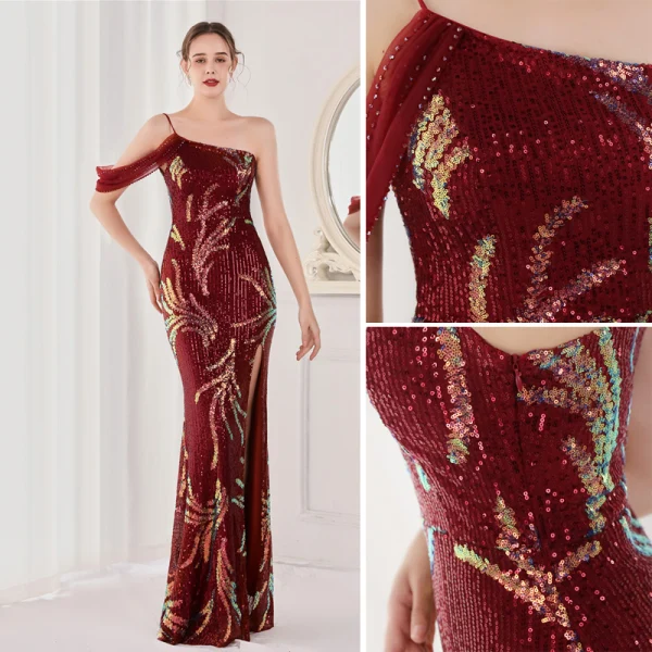 Sexy Blanche Paillettes Fendue devant Robe De Soirée 2022 Trompette / Sirène Une épaule Sans Manches Dos Nu Longue Soirée Robe De Ceremonie