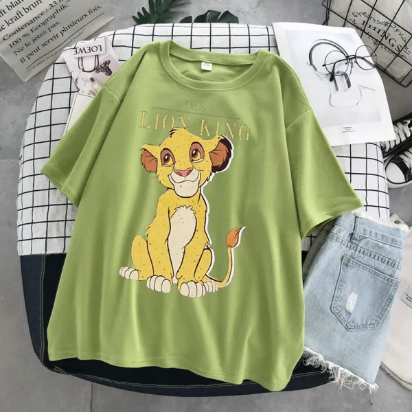 Fashion Casual Summer Black Printing Lion Loose Women T-Shirts 2021 Scoop Neck 1/2 Sleeves Tee Tops