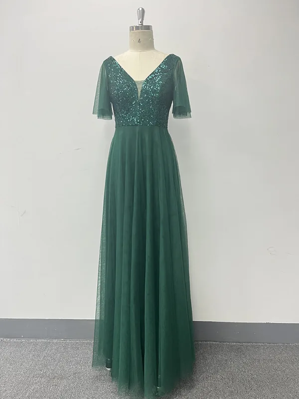 Simple Vert Foncé Paillettes Robe De Bal 2024 Princesse V-Cou Manches Courtes Dos Nu Longue Promo Robe De Ceremonie