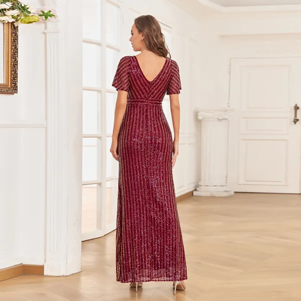 Bling Bling Bordeaux Paillettes Robe De Soirée 2023 Trompette / Sirène V-Cou Manches Courtes Dos Nu Longue Soirée Robe De Ceremonie