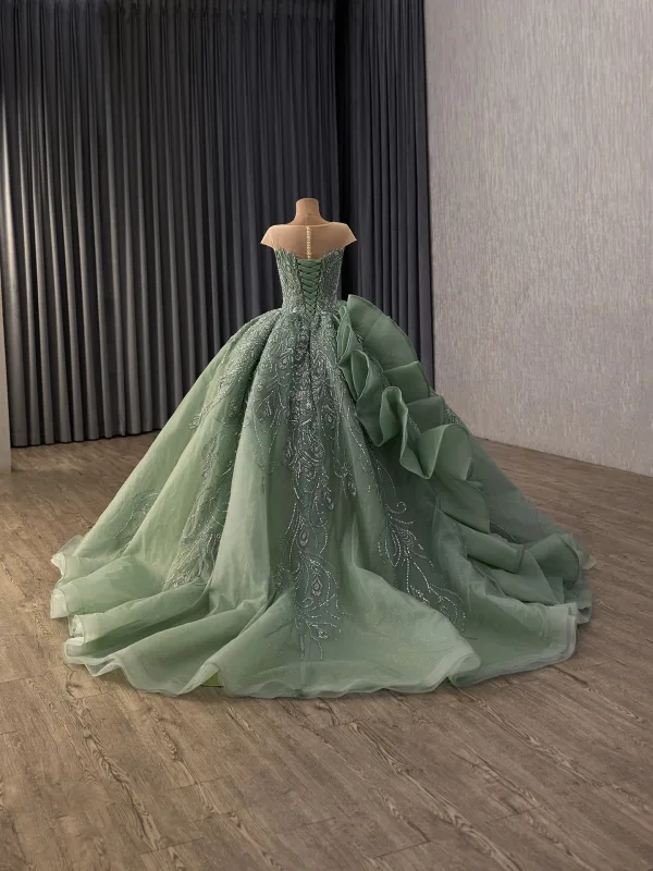Vintage / Retro Sage Green Handmade  Beading Pearl Sequins Prom Dresses 2026 Ball Gown Scoop Neck Cap Sleeves Backless Sweep Train Formal Dresses