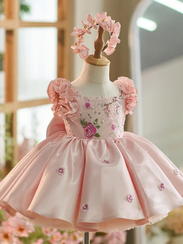 Lovely Candy Pink Sequins Short Birthday Flower Girl Dresses 2024 Ball Gown Scoop Neck Ruffle Short Sleeve Bow