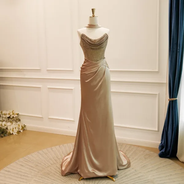 Sexy Gold Rhinestone Evening Dresses 2026 Trumpet / Mermaid Strapless Sleeveless Backless Sweep Train Evening Party Formal Dresses