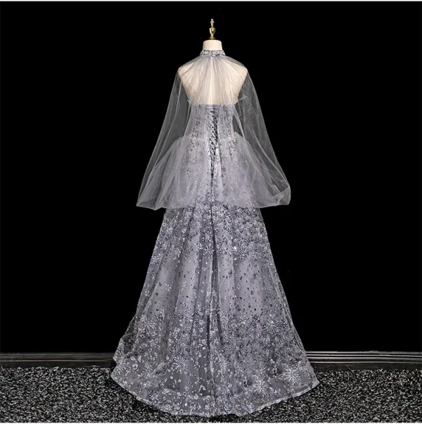 Glamorous Grey Beading Pearl Glitter Sequins Evening Dresses 2025 A-Line / Princess Strapless Sleeveless Backless Floor-Length / Long Evening Party Formal Dresses