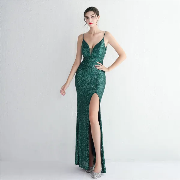 Sexy Blanche Perlage Paillettes Fendue devant Robe De Soirée 2024 Trompette / Sirène Bretelles Spaghetti Sans Manches Dos Nu Longue Soirée Robe De Ceremonie