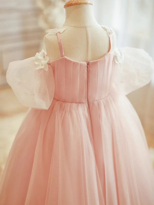 Flower Fairy Blushing Pink Appliques Birthday Flower Girl Dresses 2024 Ball Gown Spaghetti Straps Short Sleeve Backless Floor-Length / Long Tulle