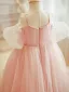 Flower Fairy Blushing Pink Appliques Birthday Flower Girl Dresses 2024 Ball Gown Spaghetti Straps Short Sleeve Backless Floor-Length / Long Tulle