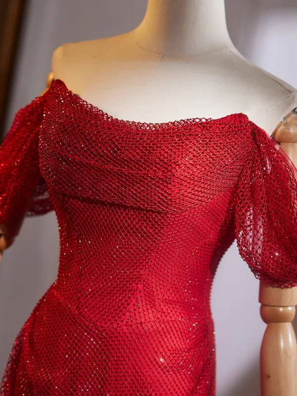 Unusual Red Evening Dresses 2025 Trumpet / Mermaid Off-The-Shoulder Short Sleeve Backless Court Train Evening Party Formal Dresses