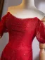 Unusual Red Evening Dresses 2025 Trumpet / Mermaid Off-The-Shoulder Short Sleeve Backless Court Train Evening Party Formal Dresses
