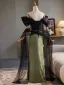 Fashion Army Green Prom Dresses 2024 Ball Gown Off-The-Shoulder Short Sleeve Backless Floor-Length / Long Prom Formal Dresses