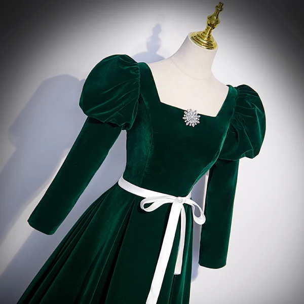 Elegant Suede Dark Green Prom Dresses 2023 A-Line / Princess Square Neckline 3/4 Sleeve Backless Bow Sash Floor-Length / Long Prom Formal Dresses