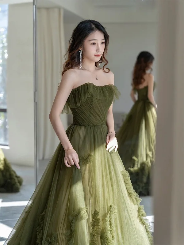 Chic / Belle Vert Cendré Noeud Ceinture Robe De Bal 2025 Princesse Bustier Sans Manches Dos Nu Train De Balayage Robe De Ceremonie