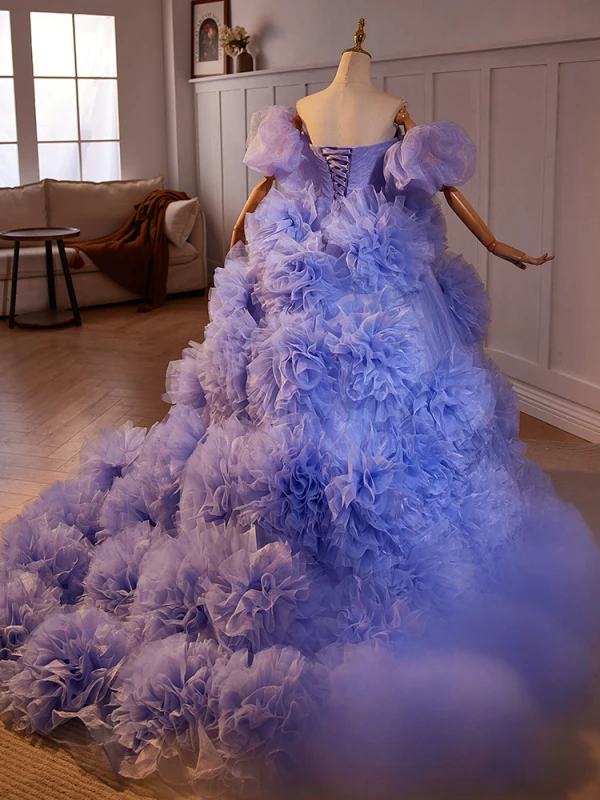 Fashion Lavender Cascading Ruffles Prom Dresses 2024 Ball Gown Off-The-Shoulder Puffy Short Sleeve Backless Court Train Prom Formal Dresses