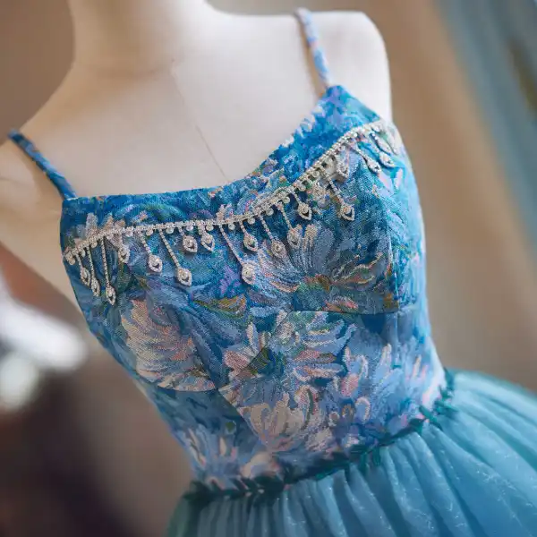Chic / Belle Océan Bleu Faux Diamant Impression Courte de retour Robe De Graduation 2024 Bretelles Spaghetti Sans Manches Dos Nu Tulle