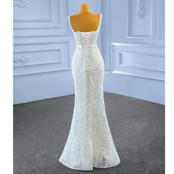 Haut de Gamme Ivoire Perle En Dentelle Fleur Robe De Mariée 2023 Trompette / Sirène Encolure Carrée Sans Manches Ceinture Dos Nu Tribunal Train Mariage