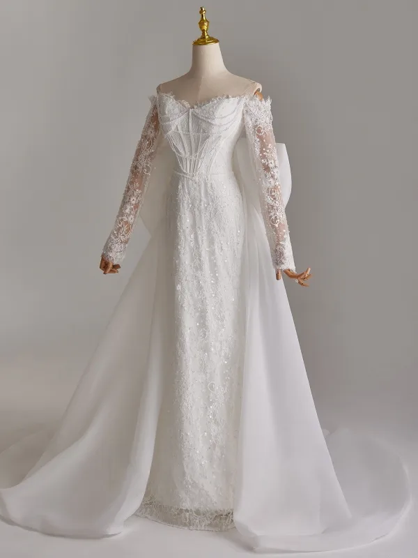 Elegante Schöne Weiß Perle Pailletten Spitze Blumen Applikationen Brautkleider / Hochzeitskleider 2025 Meerjungfrau Off Shoulder Lange Ärmel Rückenfreies Schleife