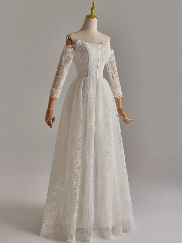 Modest / Simple White Lace Flower Pearl Wedding Dresses 2025 A-Line / Princess Off-The-Shoulder Long Sleeve Backless Floor-Length / Long