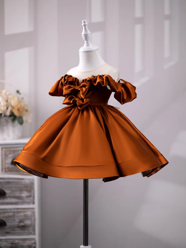 brown flower girl dresses Duntery Lace Sleeves Satin Flower Girl Dress Sweep Train, Rust main image 0