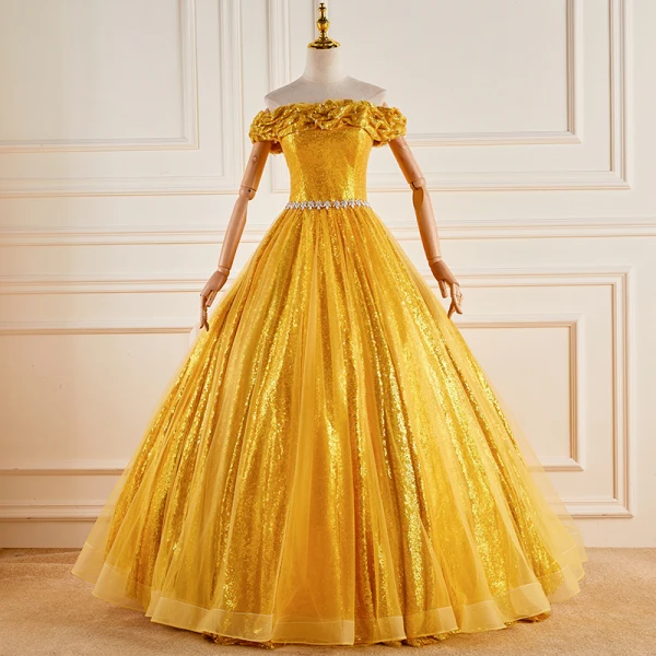 Sparkly Yellow Sequins Rhinestone Prom Dresses 2023 Ball Gown Off-The-Shoulder Sleeveless Backless Floor-Length / Long Prom Formal Dresses
