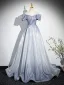 Chic / Beautiful Multi-Colors Grey Glitter Prom Dresses 2024 A-Line / Princess Square Neckline Short Sleeve Backless Floor-Length / Long Prom Formal Dresses