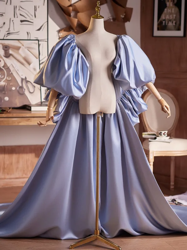 High-end Sky Blue Handmade Satin Prom shawl 2025 Puffy Short Sleeve