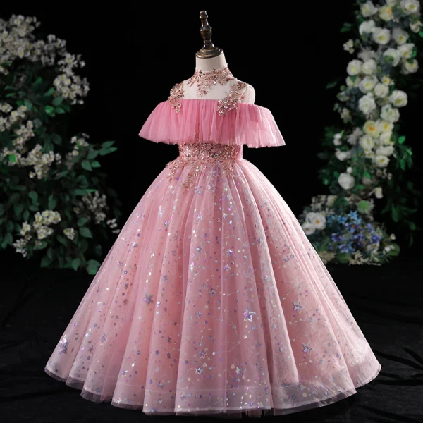 Chic / Beautiful Candy Pink Star Sequins Beading Prom Flower Girl Dresses 2022 A-Line / Princess High Neck Short Sleeve Floor-Length / Long Flower Girl Dresses