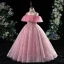 Chic / Beautiful Candy Pink Star Sequins Beading Prom Flower Girl Dresses 2022 A-Line / Princess High Neck Short Sleeve Floor-Length / Long Flower Girl Dresses
