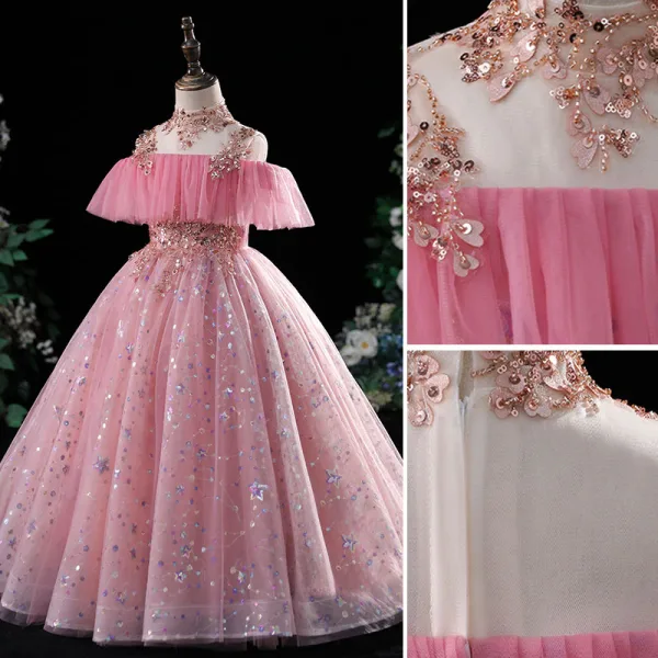 Chic / Beautiful Candy Pink Beading Sequins Birthday Flower Girl Dresses 2022 Ball Gown High Neck Short Sleeve Floor-Length / Long Flower Girl Dresses