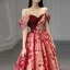 Elegant Burgundy Printing Sequins Prom Dresses 2023 Ball Gown Off-The-Shoulder Short Sleeve Backless Floor-Length / Long Formal Dresses