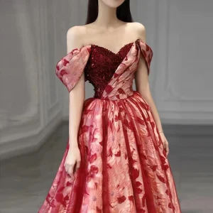 Elegantes Borgoña Impresión Lentejuelas Vestidos De Gala 2023 Ball Gown Fuera Del Hombro Manga Corta Sin Espalda Largos Vestidos Formales