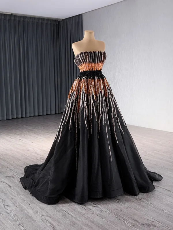 Luxus / Herrlich Schwarz Handgefertigt Perlenstickerei Pailletten Ballkleider 2024 A Linie Bandeau Ärmellos Rückenfreies Sweep / Pinsel Zug Ball Festliche Kleider