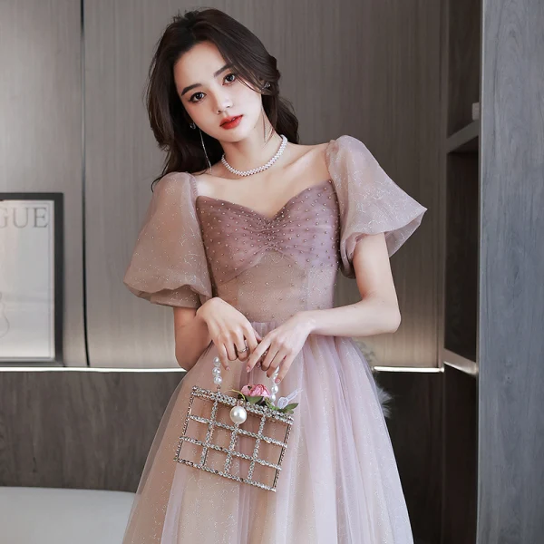 Chic / Beautiful Purple Gradient-Color Rhinestone Prom Dresses 2022 A-Line / Princess Square Neckline Puffy Short Sleeve Backless Floor-Length / Long Prom Formal Dresses