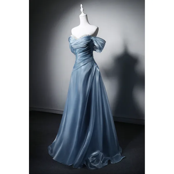 Chic / Beautiful Sky Blue Handmade  Pearl Prom Dresses 2026 A-Line / Princess Off-The-Shoulder Short Sleeve Backless Floor-Length / Long Formal Dresses