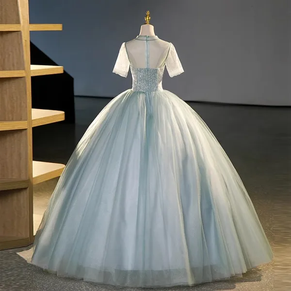 Élégant Vert Cendré Paillettes Robe De Bal 2023 Robe Boule Col Haut Manches Courtes Longue Promo Robe De Ceremonie