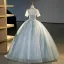 Élégant Vert Cendré Paillettes Robe De Bal 2023 Robe Boule Col Haut Manches Courtes Longue Promo Robe De Ceremonie
