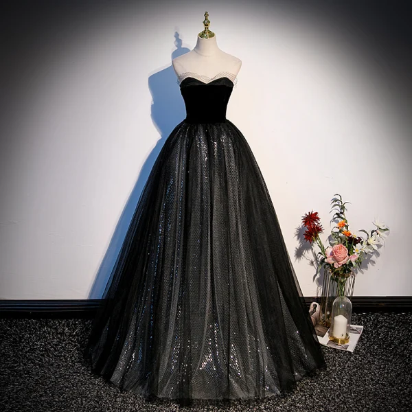 Illusion Schwarz Pailletten Ballkleider 2023 Ballkleid Bandeau Ärmellos Rückenfreies Lange Ball Festliche Kleider
